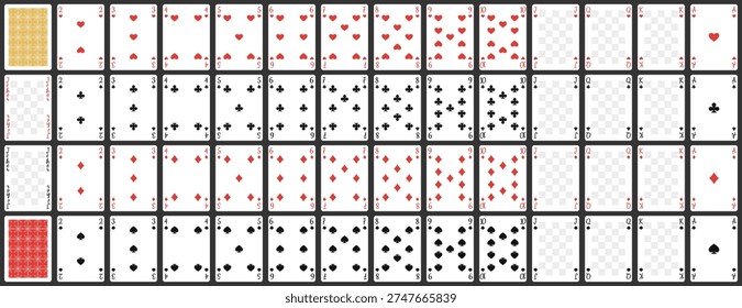 Complete 54-card vector template for board games. Playing cards. Features standard numbers, a back cover example, and empty space on face cards (Jokers, Jacks, Kings, Queens) so you can easily drop in your own custom pictures.