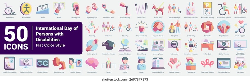 Complete Accessibility Inclusion Bundle combines 50 professional icons for inclusive design, awareness, and universal access visuals. Flat Color style.