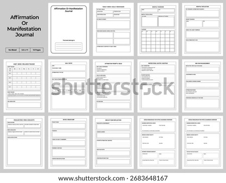 A complete Affirmation and Manifestation Journal KDP interior. This printable template features trackers, goal sheets, and reflections. High-quality vector illustration, ready to upload. Includes