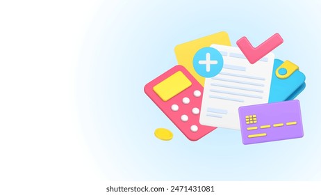 Documento completo en papel de Acuerdo de crédito hipoteca bancaria pago de comprobación de importe calculadora icono 3D Ilustración vectorial isométrica. Se agregó correctamente el App de notificaciones de alerta al pago mensual regular