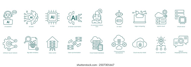 Complete AI and Cloud Computing Vector Icons Set: Assistant, Brain, Chip, Driven Automation, Chatbot, Robot, Edge Computing, Hybrid Cloud, Virtual Server, Artificial Neural Network vector icon set