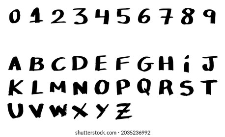 Complete alphabet, ABC, set vector. Letters and numbers hand made, handwritten, pen marker style. Black and white background. Type font to compose layouts. Brush gesture work. Typography,