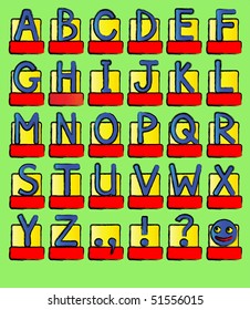 A complete alphabet of capital letters plus punctuation marks. Bright colours sketch style