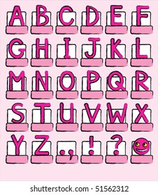 A complete alphabet of capital letters plus punctuation marks. Shades of pink, sketch style