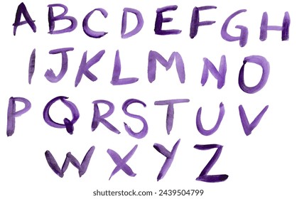 Alfabeto completo, dibujado a mano con un pincel. Tipografía rústica a mano alzada, aislada sobre fondo blanco. Textura de pincel, dibujado con pintura púrpura, letras en vector. Tipos de fuentes completos.