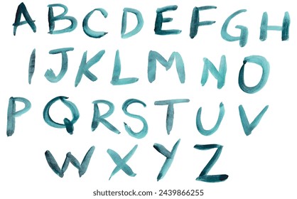Complete alphabet, hand-drawn with a brush. Watercolor freehand typography, isolated on a white background. Brush texture, drawn with green, turquoise paint, Letters in vector. Complete font types