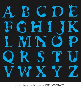 A complete alphabet set rendered in a vibrant blue silhouette against a stark black backdrop, ideal for design projects and typography.