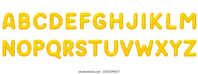 Complete alphabet of yellow 3D letters. Golden glossy inflated font in cartoon style.