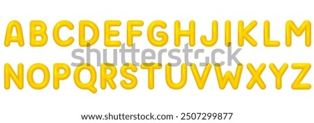 Complete alphabet of yellow 3D letters. Golden glossy inflated font in cartoon style.