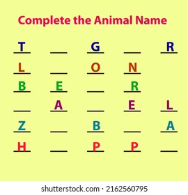 Complete the animal name activity for kids, worksheet for kindergarten, fill in the blanks 