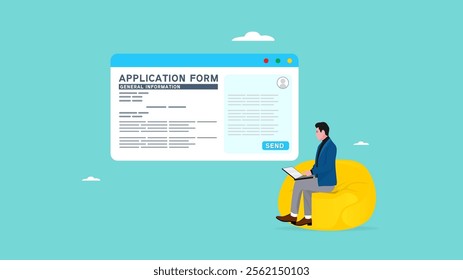 complete application form, apply for a job online or employment application, university enrolment form, business agreement or college admission form, man sitting using a laptop filling out a form