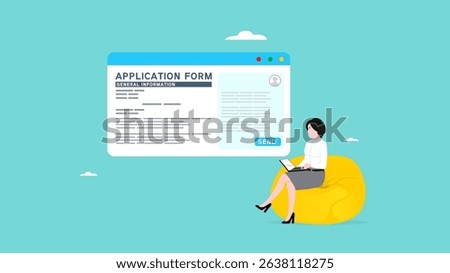 complete application form, apply for a job online or employment application, university enrolment form, business agreement or college admission form, woman sitting using a laptop filling out a form