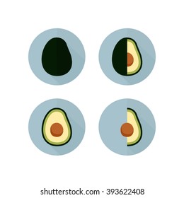 Complete avocado, three-quarter avocado ,half avocado, fourth avocado fruit icon set. Flat design with long shadow effect in stylish colors of web design objects.