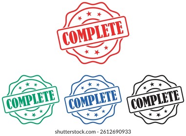 Complete Badge icons with bold complete label inside circular stamp style showing finished, done and completed mark for product status marking.