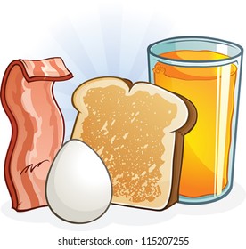 Complete Balanced Breakfast Cartoon Vector Illustration with toast bacon eggs and orange juice