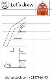 Completa la imagen del granero. Vector de la hoja de trabajo de prácticas de dibujo simétrico de la granja. Actividad imprimible en blanco y negro para niños en edad preescolar. Copiar la imagen del juego de campo rural con cobertizo
