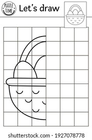 Complete the basket with eggs picture. Vector Easter drawing practice worksheet. Spring printable black and white activity for pre-school children. Copy the picture garden themed game for kids

