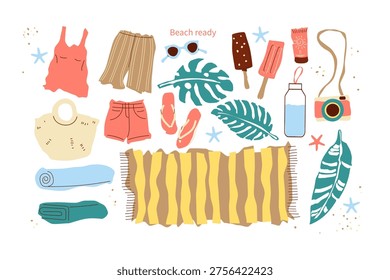 Complete beach essentials set for summer vacation. Colorful flat vector collection of must have items for perfect beach day travel agencies, resort advertising, packing lists, blog illustrations.