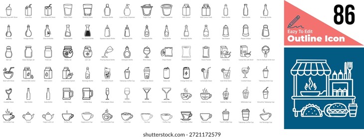 Complete Beverage Bottle and Drinking Glass Outlined Icon Collection