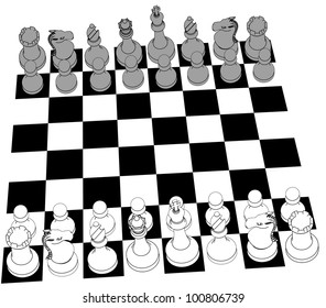 Complete black and white 3D Chess set game pieces and checker board as line drawing