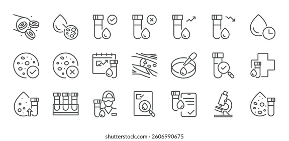 Complete Blood Count Icons Set. Linear Vector Illustrations of CBC Cells, Red and White Blood Elements, Microscopy, Samples, Results, Glucose, Lab and Testing Vials