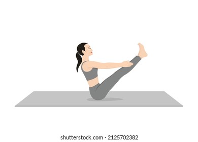 Complete Boat Pose, Naukasana, Navasana. Beautiful girl practice Paripurna Navasana. Young attractive woman practicing yoga exercise. working out, black wearing sportswear, grey pants and top, indoor