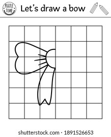 Complete the bow picture. Vector Holiday drawing practice worksheet. Birthday printable black and white activity for pre-school children. Simple copying game for kids. 
