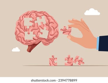 Complete the brain puzzle jigsaw puzzle. Brainstorming.  Flat vector illustration