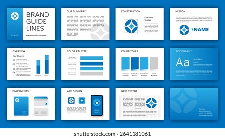 Complete brand identity guide. Logo guideline template. Corporate presentation layout. Logotype system design.