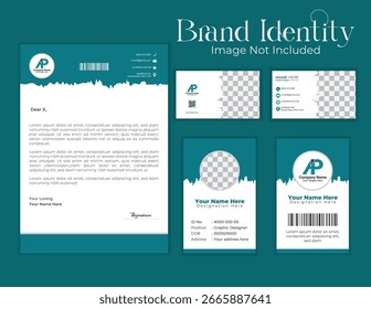 Conjunto completo de identidad de marca que incluye tarjeta de visita, tarjeta de identificación y diseño de membrete con estilo moderno y profesional, ideal para marcas corporativas, agencias y presentaciones comerciales.