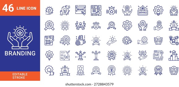 Complete branding linear icons collection for corporate identity marketing strategy business reputation graphic design brand awareness and promotional campaigns kit