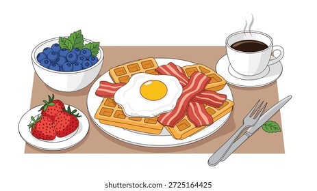 Completo café da manhã espalhado com waffles coberto com um ovo frito e bacon, bagas frescas, e uma xícara de café preto.