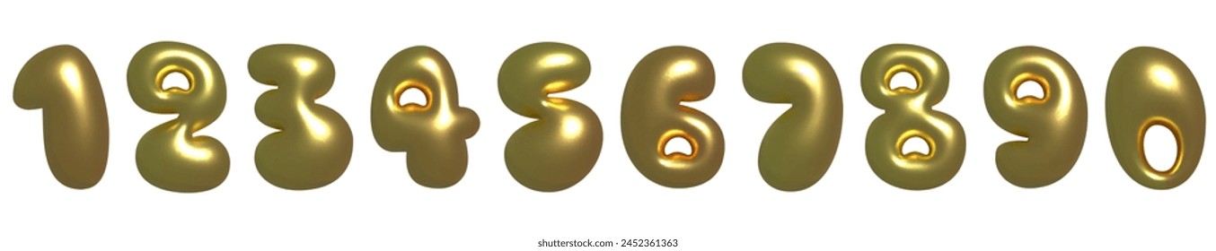 Complete Bubbly 3d set of numbers from one to zero in a golden matte finish, with soft lighting and shadows. Bubble Realistic number in Y2K style. Playful design inspired by 2000s or 90s, inflated