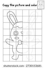Complete Bunny. Vector Easter symmetrical drawing practice worksheet with hare. Black and white printable spring holiday activity, coloring page for kids. Copy the picture game
