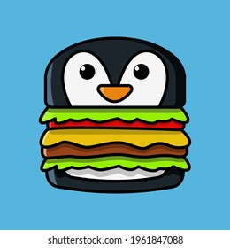 a complete burger with meat and vegetables with a bun in the shape of a cute penguin animal. cartoon vector icon concept. Flat Cartoon Style.