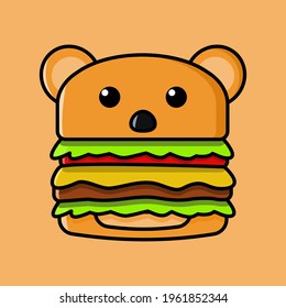 a complete burger with meat and vegetables with a bun shaped like a cute bear animal. cartoon vector icon concept. Flat Cartoon Style.