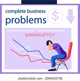 Complete business problems banner template. Businessman struggling with bankruptcy, declining indicators of profit. Depressed and shocked man scared of business failure and financial crisis