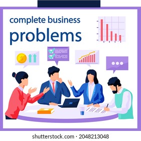 Complete business problems banner template. People have project strategy planning meeting. Colleagues discussing business development. Businesspeople plan to increase financial income of company