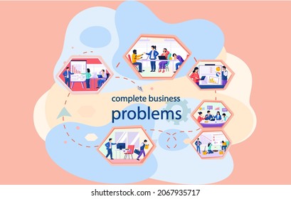 Complete business problems scheme. Colleagues working with business issues solving. People communicate about bankruptcy, economic crisis. Company cost reduction, business failure and finance crisis