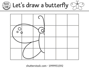 Complete the butterfly picture. Vector forest drawing practice worksheet. Printable black and white activity for preschool children with insect. Copy the picture garden woodland themed game for kids
