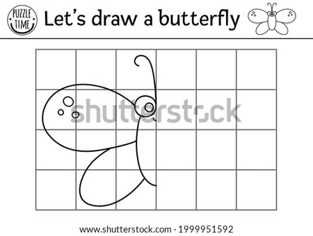 Complete the butterfly picture. Vector forest drawing practice worksheet. Printable black and white activity for preschool children with insect. Copy the picture garden woodland themed game for kids

