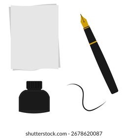 A complete calligraphy set with paper, pen, ink bottle, and ink lines, flat art design style.
