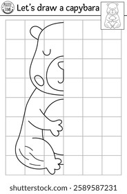 Complete the capybara. Vector capibara symmetrical drawing practice worksheet. Printable black and white activity for kids. Copy the picture coloring page with cute meditating animal
