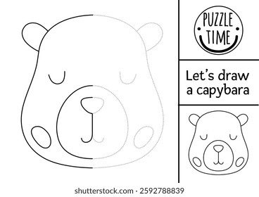 Complete the capybara. Vector capibara symmetrical drawing and tracing practice worksheet. Printable black and white activity for kids. Copy the picture coloring page with cute animal head
