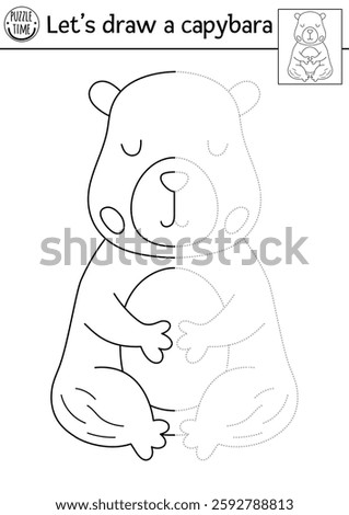 Complete the capybara. Vector capibara symmetrical drawing and tracing practice worksheet. Printable black and white activity for kids. Copy the picture coloring page with cute meditating animal
