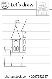 Complete the castle picture. Vector fairytale symmetrical drawing practice worksheet. Printable black and white activity for preschool kids. Copy the picture magic kingdom themed game
