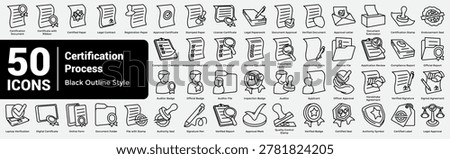 Complete Certification Process Collection delivers 50 icons for end-to-end certification systems. Line style.