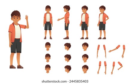 Diseño de carácter completo de un niño pequeño con diversas expresiones faciales y poses para la animación.