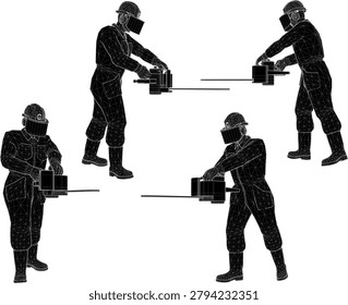 Complete character pack of site construction workers walking or stepping forward dressed in protective industry uniforms and safety helmets