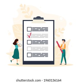 Complete checklist and check mark ticks. Man holding pencil while looking at a completed checklist on a clipboard. Flat vector illustration.
